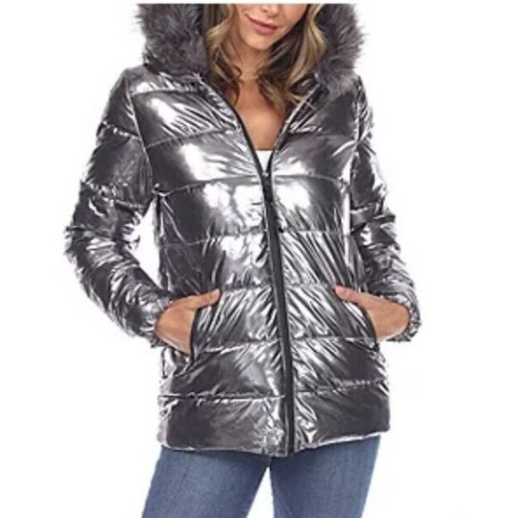 White Mark Womens Small Metallic Hooded Midweight Puffer Jacket Winter Short - Picture 1 of 14